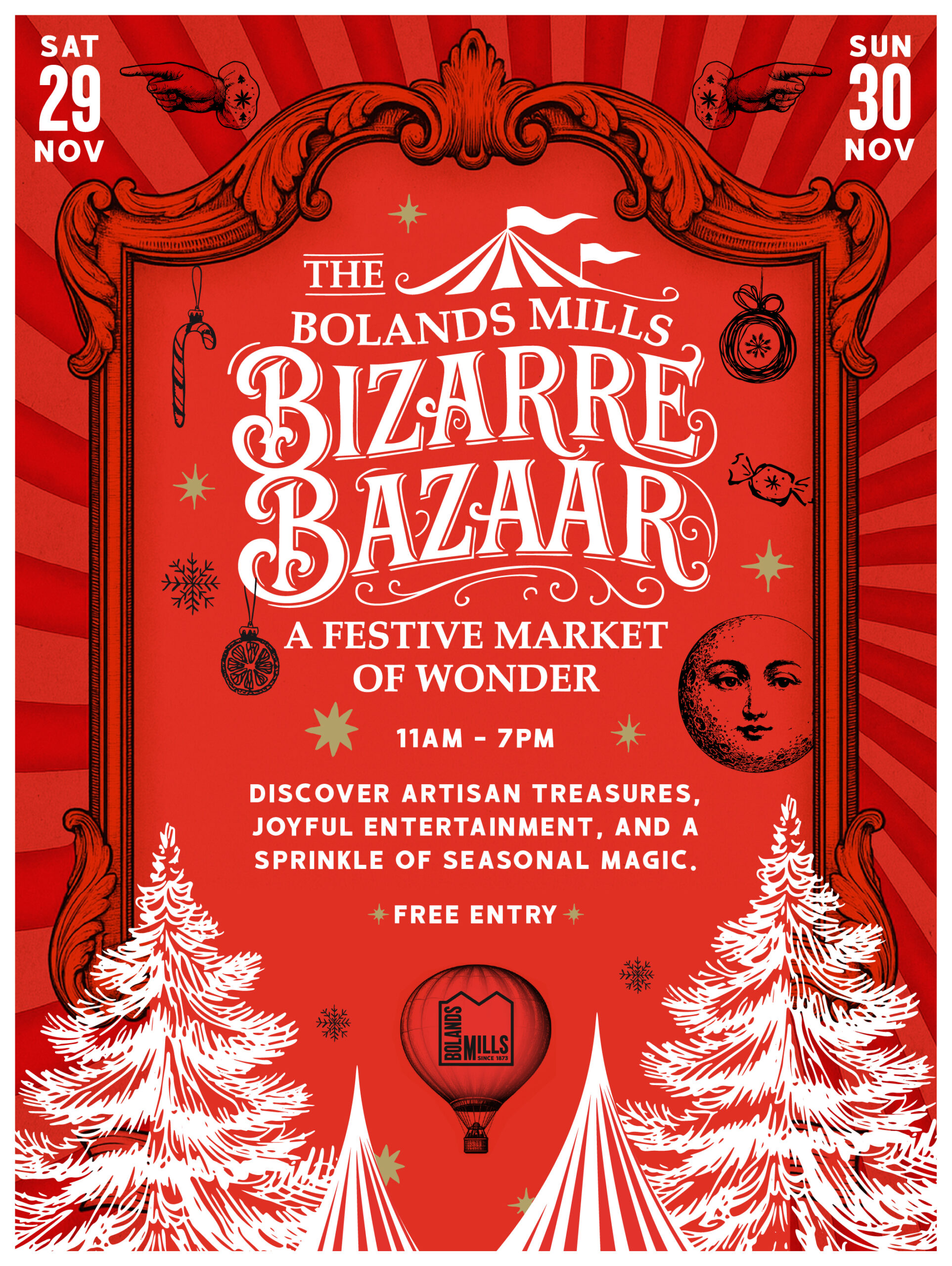 Festive red and white poster with 'The Bolands Mills Bizarre Bazaar'